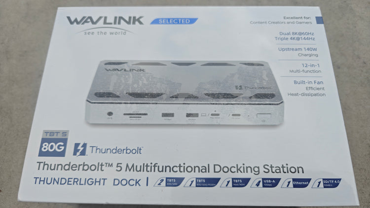 Wavlink Thunderbolt 5 Multifunctional Docking Station packaging on a gray surface