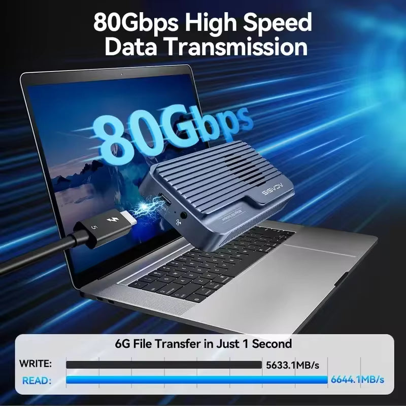 Laptop with external hard drive connected, showcasing 80Gbps high-speed data transmission.