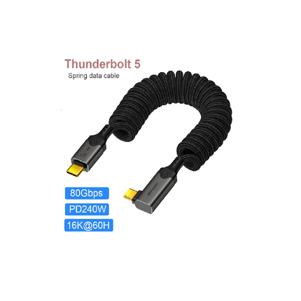 Schwarzes, aufgerolltes Thunderbolt-5-Datenkabel vor weissem Hintergrund