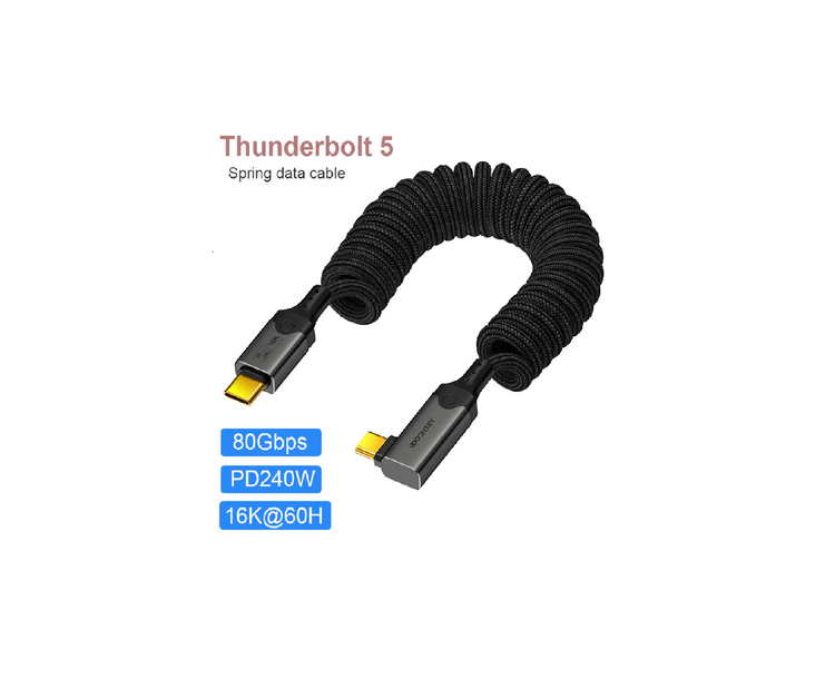 Black coiled Thunderbolt 5 data cable on a white background