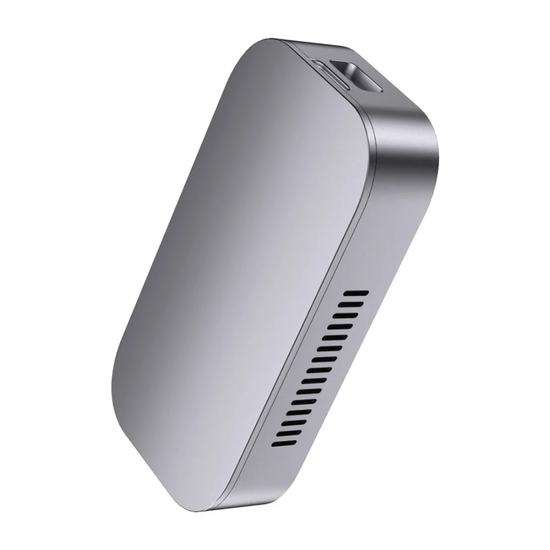 Silver electronic device with a vent on a white background