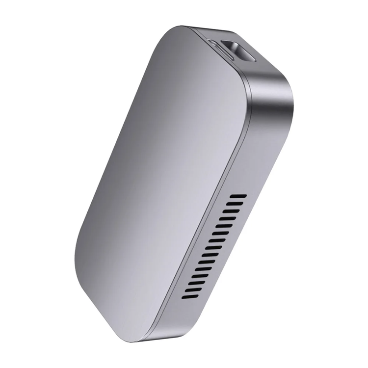 Silver electronic device with a vent on a white background