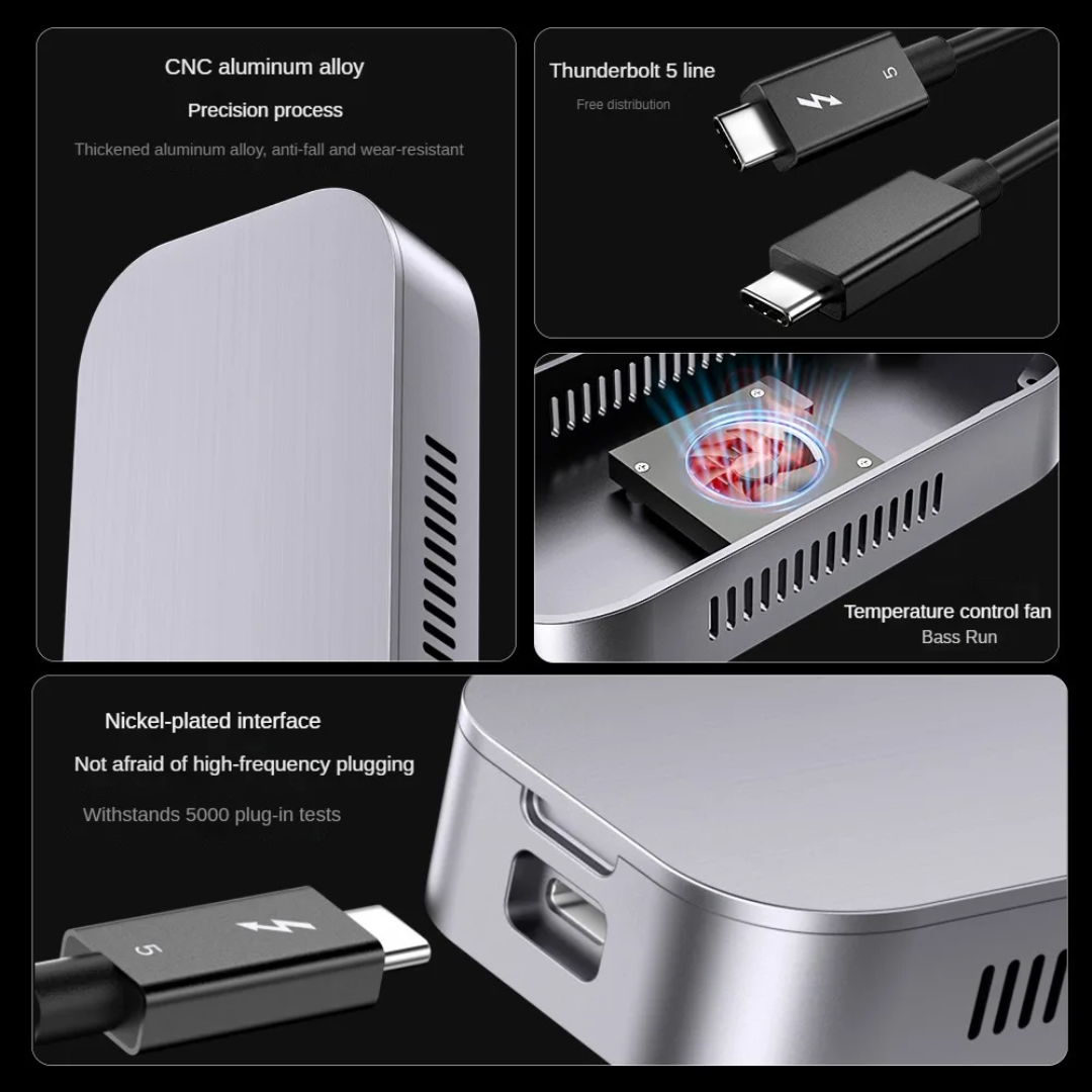 Metallic device with USB-C cable and features highlighted on a black background