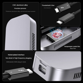 Metallic device with USB-C cable and features highlighted on a black background