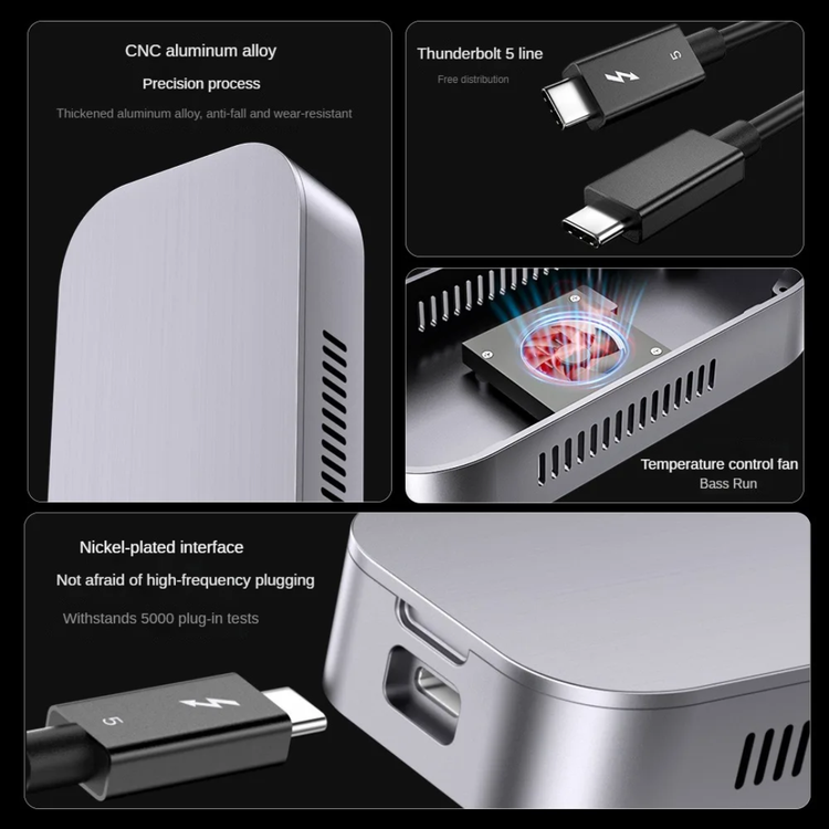 Metallic device with USB-C cable and features highlighted on a black background