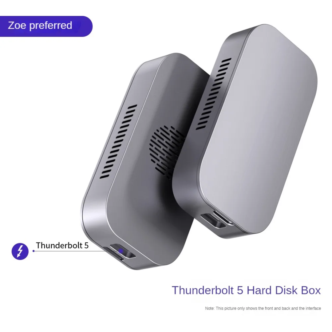 Thunderbolt 5 hard disk box with front and back view on a white background