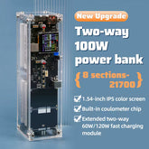 Two-way 100W power bank with specifications on a blue background