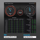 Disk speed test interface showing Samsung 990 Pro 4TB SSD and Mac Mini M4 Pro computer performance.