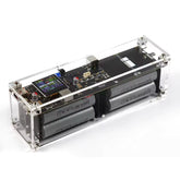 Electronic device with a clear acrylic case on a white background