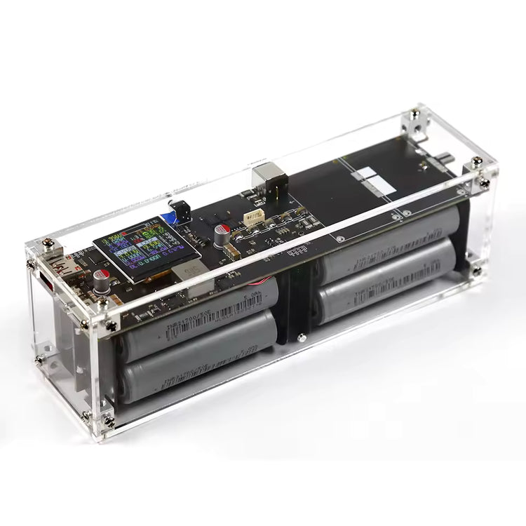 Electronic device with a clear acrylic case on a white background