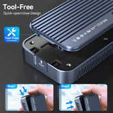 Tool-free quick-open/close design of a electronic device with step-by-step instructions.