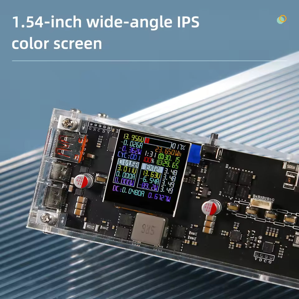 Electronic component with a small color screen on a blue background