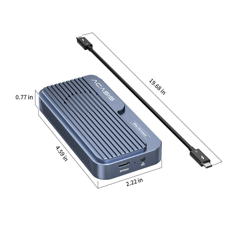 Blue external hard drive with USB cable and dimensions on a white background