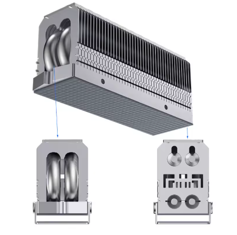 Metallic cooling system with components on a white background