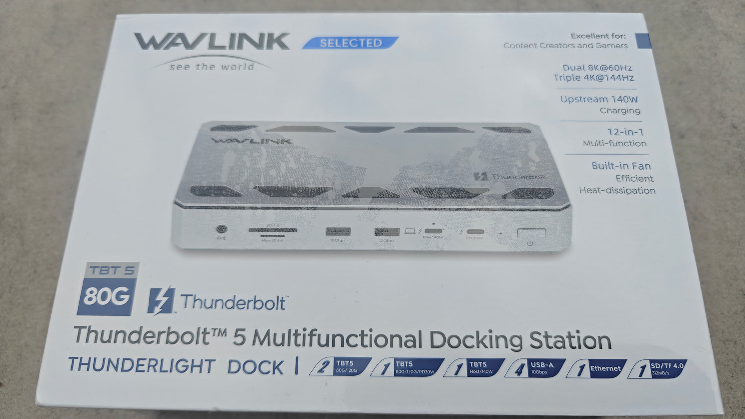 Wavlink Thunderbolt 5 Multifunctional Docking Station packaging on a gray surface