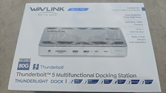 Wavlink Thunderbolt 5 Multifunctional Docking Station packaging on a gray surface