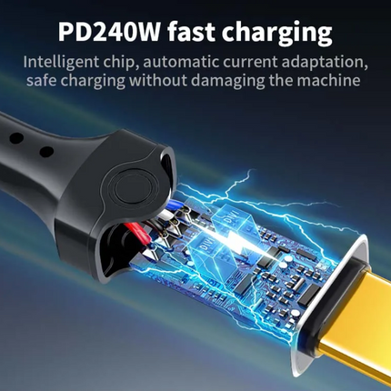 Nahaufnahme eines USB-Kabels mit Elektronikkomponenten sowie Hinweisen zu Schnellladung und Sicherheit