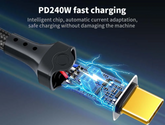 Close-up of a USB cable with electronic components and text about fast charging and safety features.