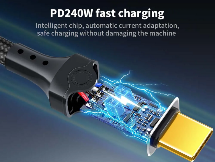 Close-up of a USB cable with electronic components and text about fast charging and safety features.