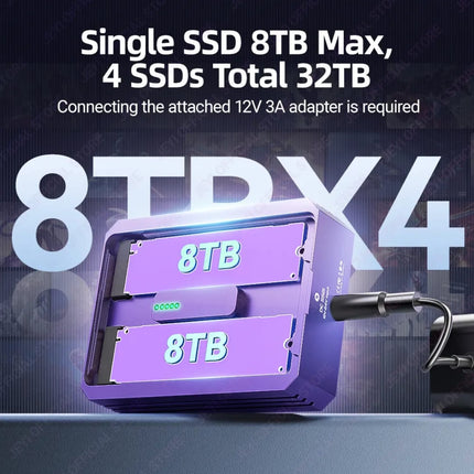 Violettes SSD-Gehäuse mit «8TB»-Kennzeichnung, zeigt 4 SSDs mit insgesamt 32 TB Kapazität
