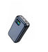 Black power bank with a blue label on a white background